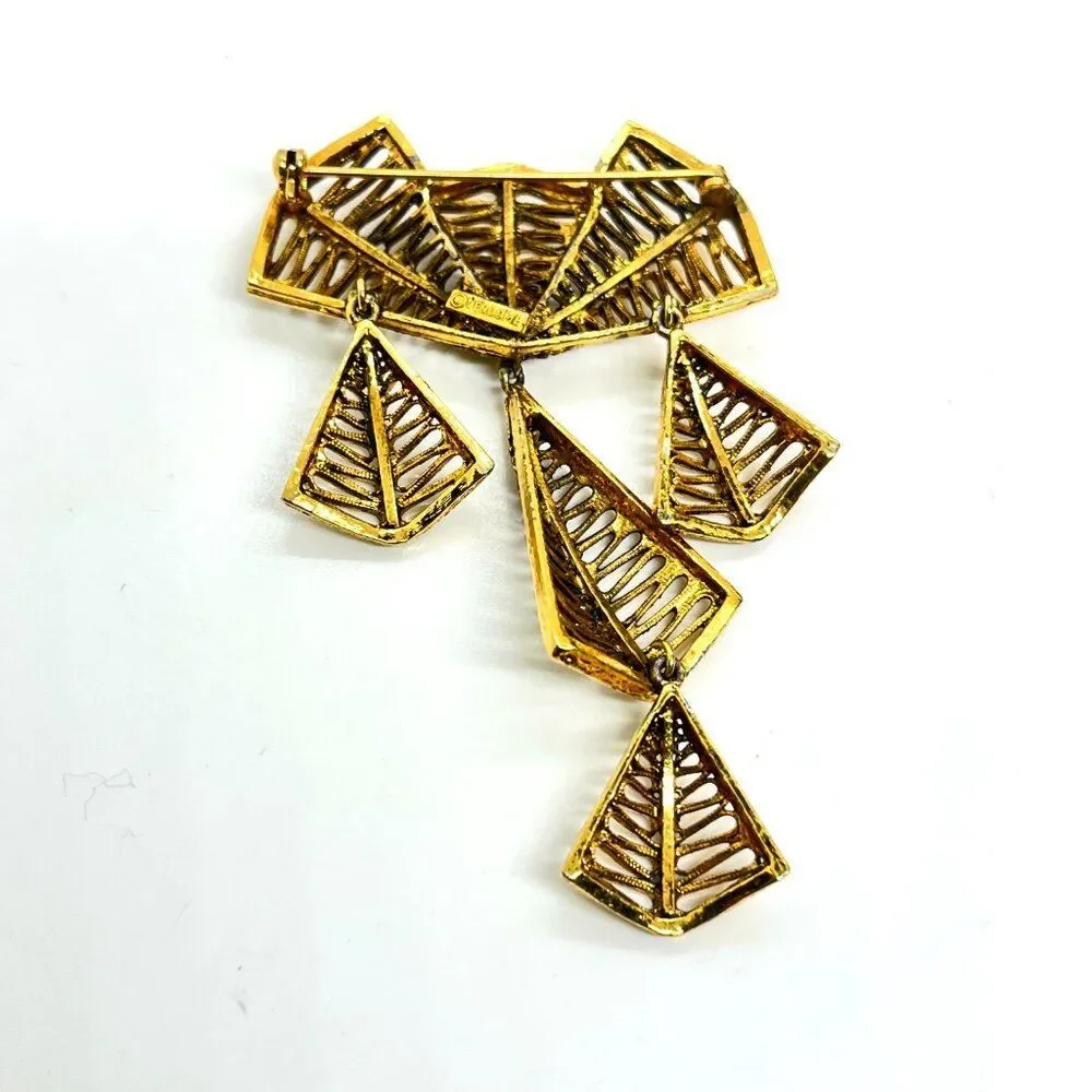 VINTAGE VENDOME BROOCH Articulated Gold Tone Modernist Geometric Dangle Pin